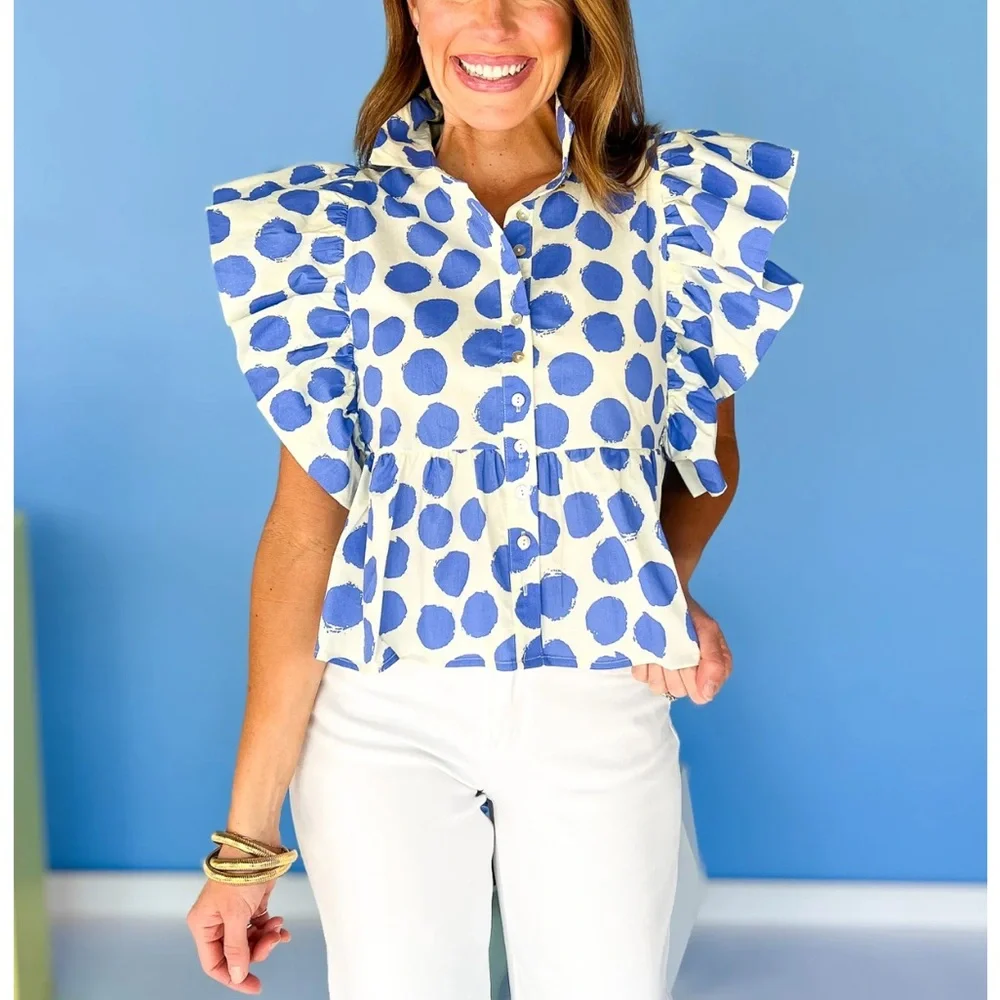 JODIFL White and Blue Polka Dot Ruffle Blouse - Picture 4 of 10
